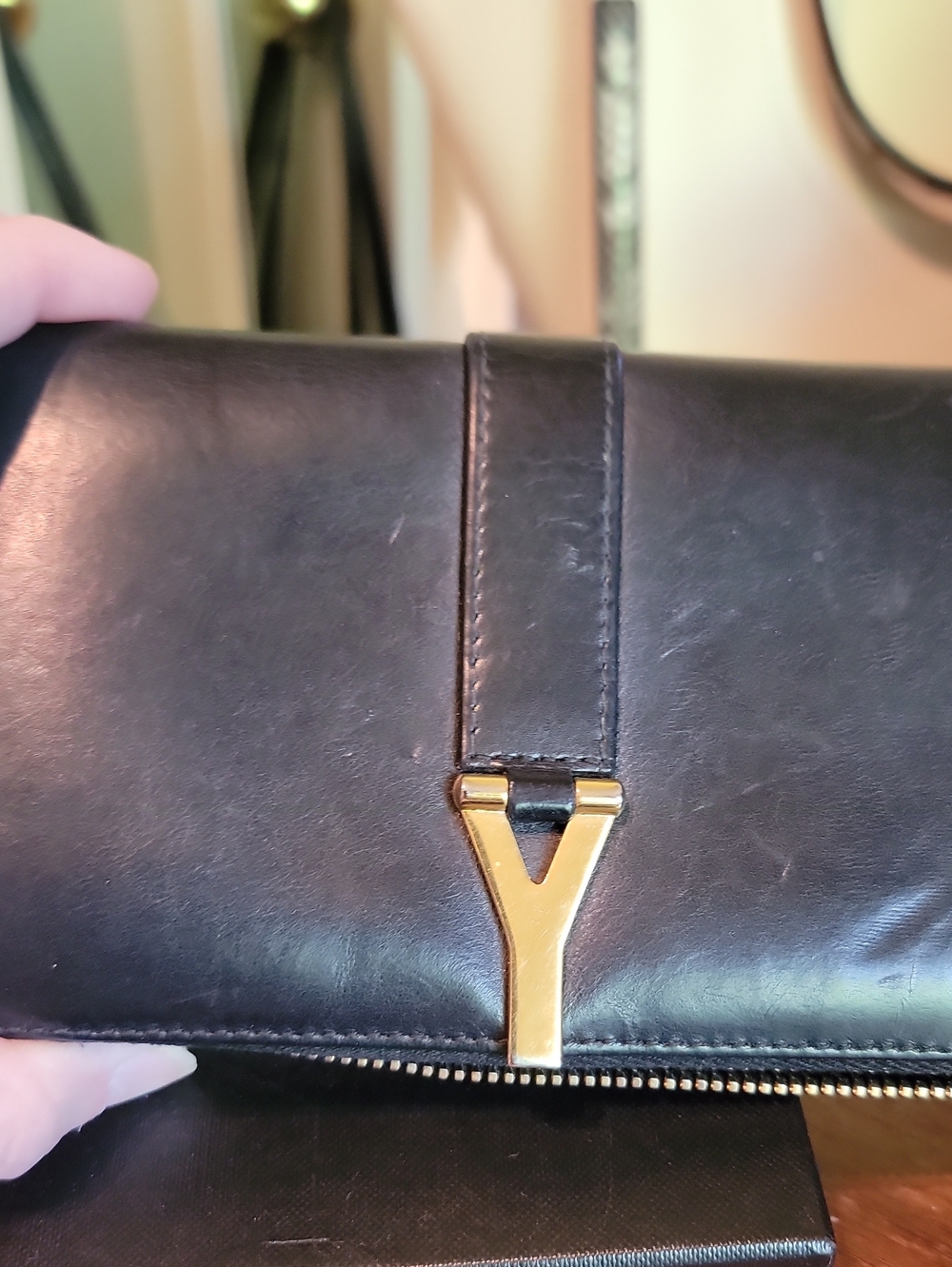 Saint Laurent Black Leather Zip Wallet with Gold Y Accent - Picture 2 of 8